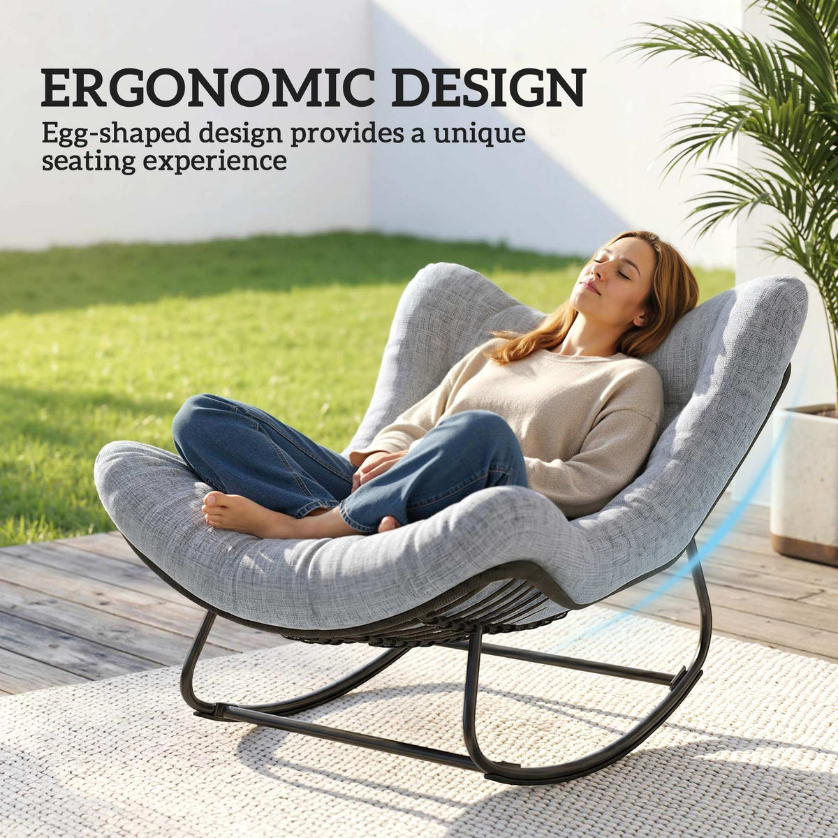 Rattan Egg Chair Rocker - Grey Padded Cushion-Outdoor Rocking Chairs-DECOROLALA