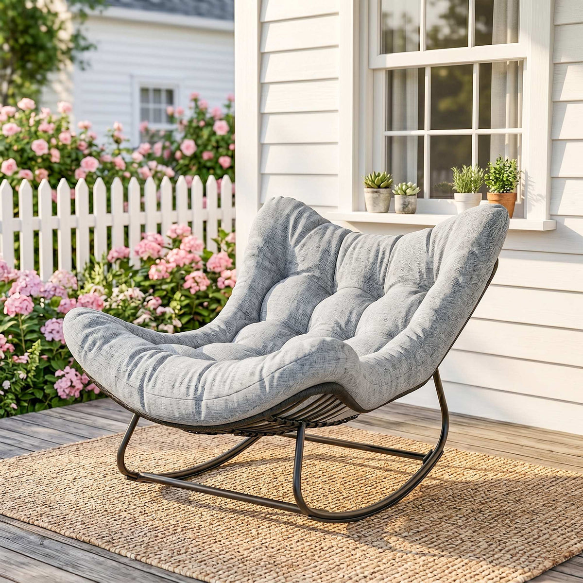 Rattan Egg Chair Rocker - Grey Padded Cushion-Outdoor Rocking Chairs-DECOROLALA