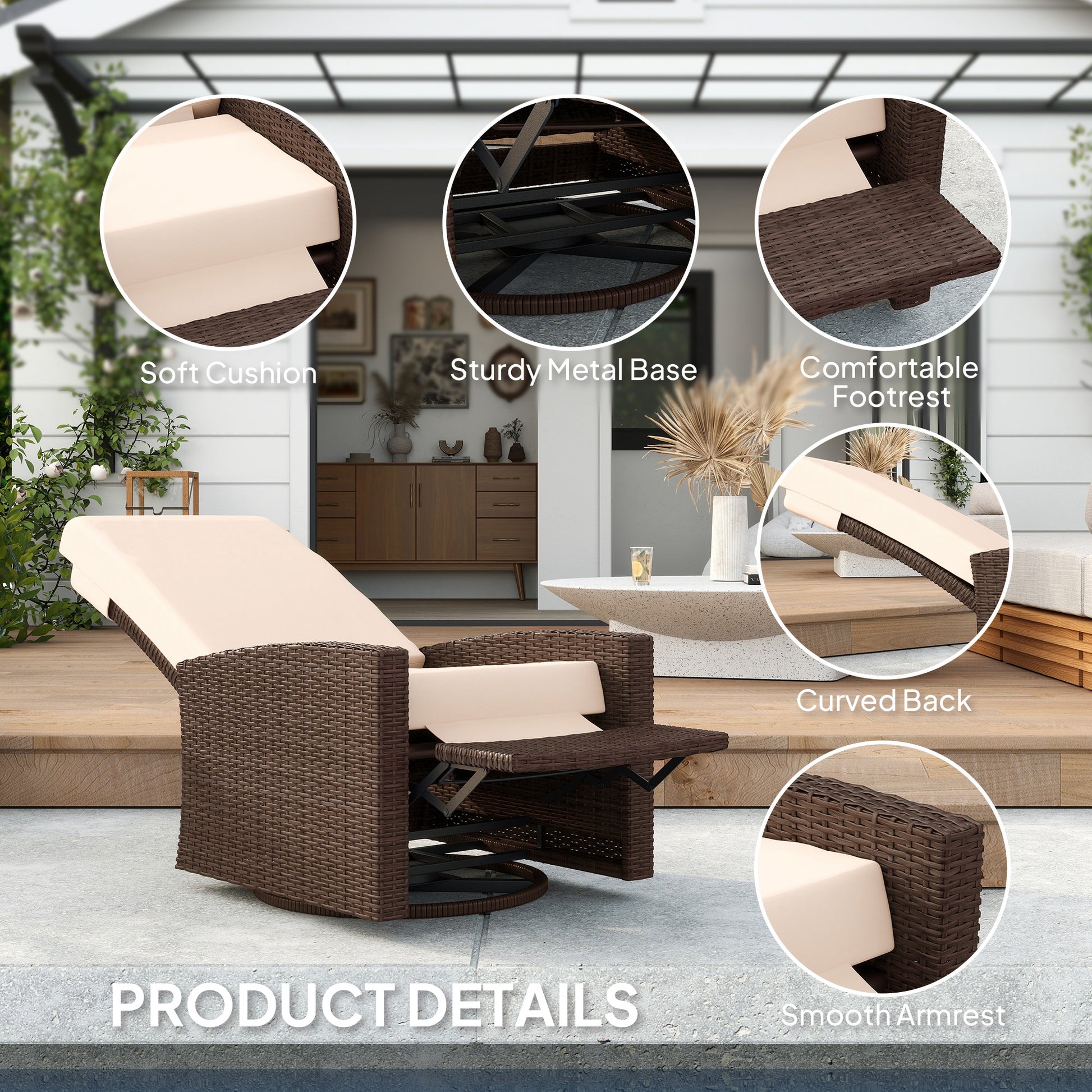 Rattan Lounge Chair - Cream White Swivel Recliner-DECOROLALA