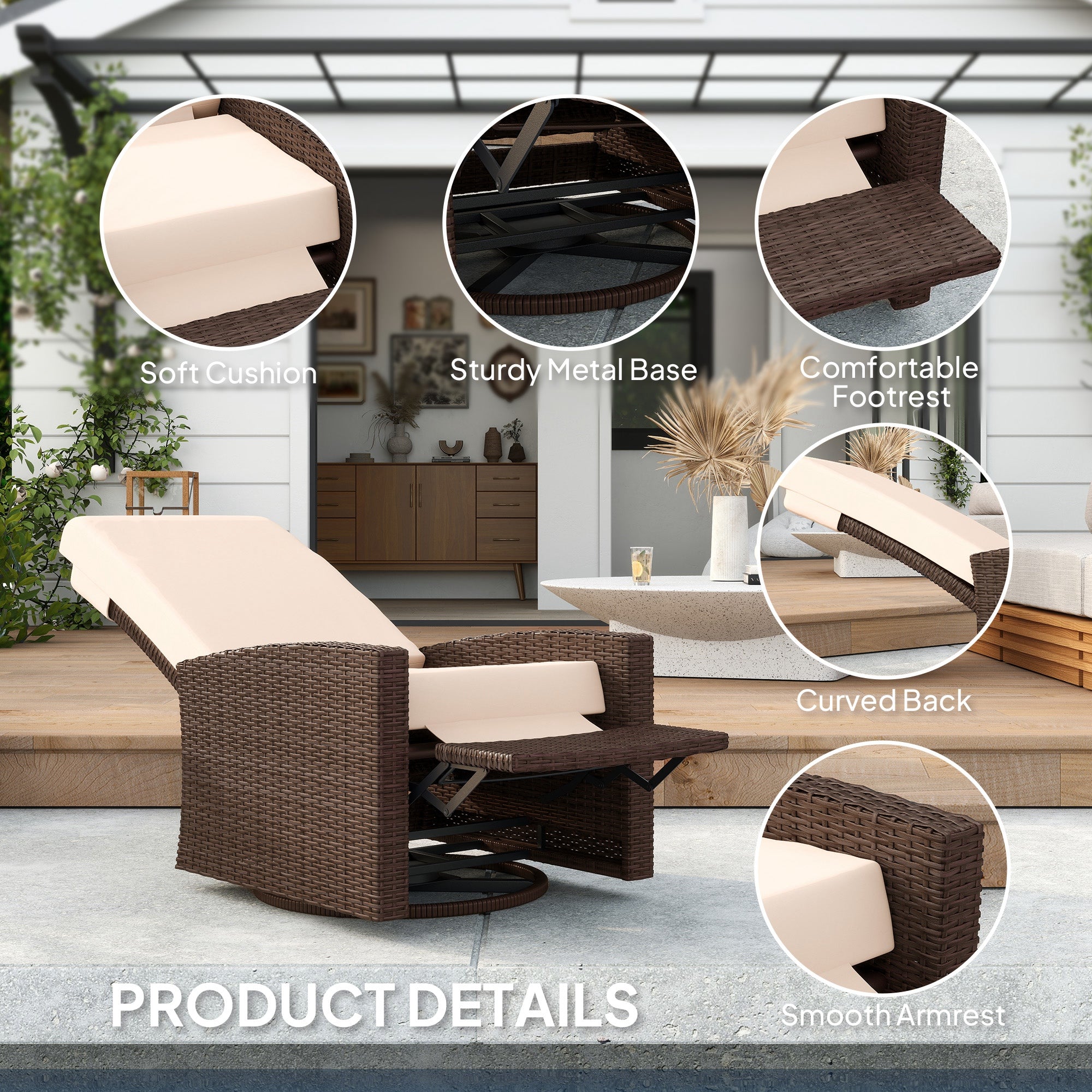 Rattan Lounge Chair - Cream White Swivel Recliner-DECOROLALA