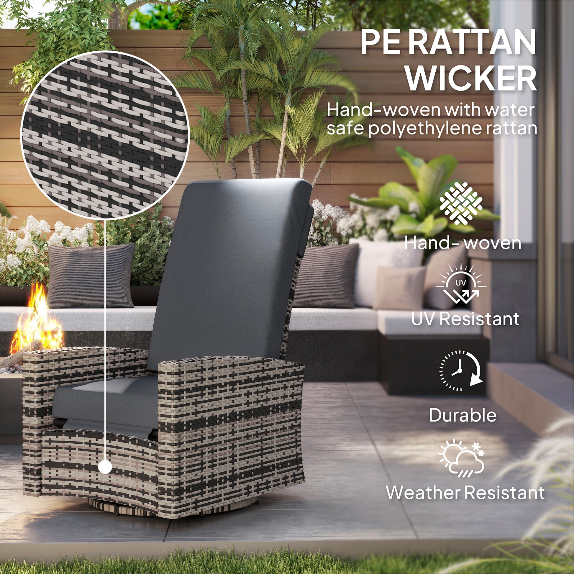 Rattan Lounge Chair - Grey Swivel Recliner-DECOROLALA