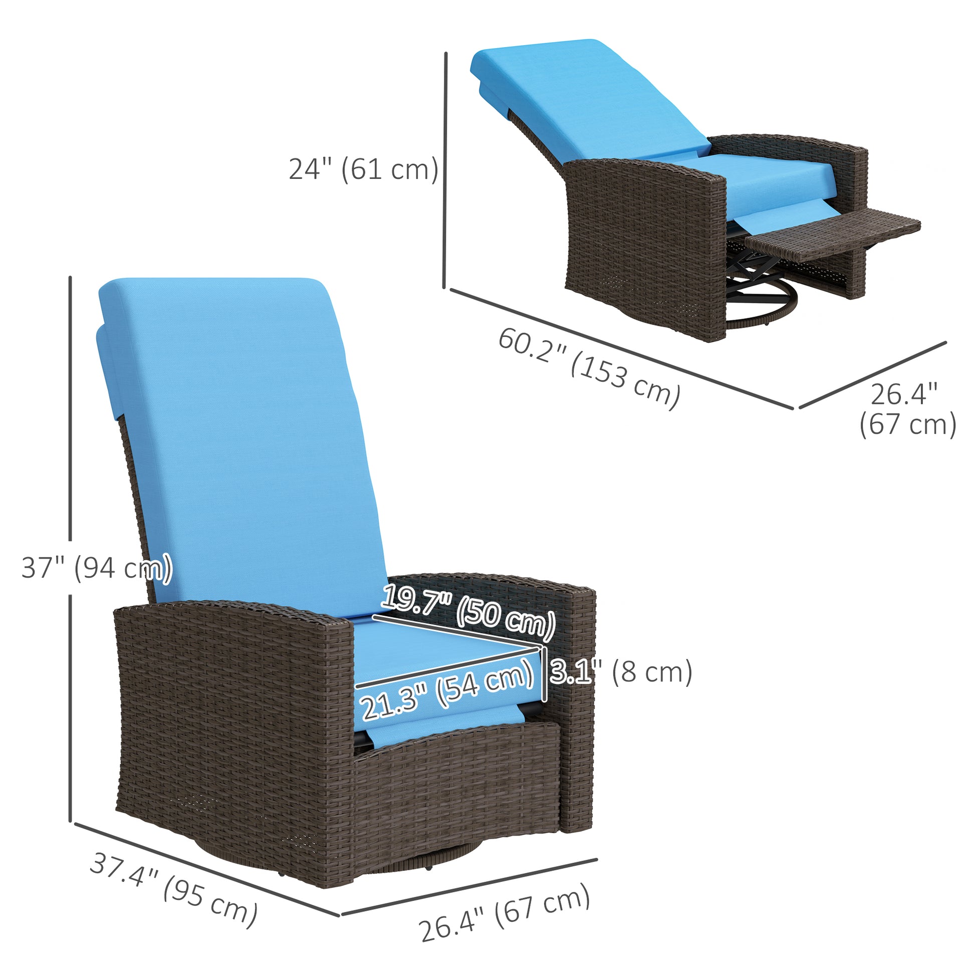 Rattan Lounge Chair Swivel Recliner Sky Blue-DECOROLALA