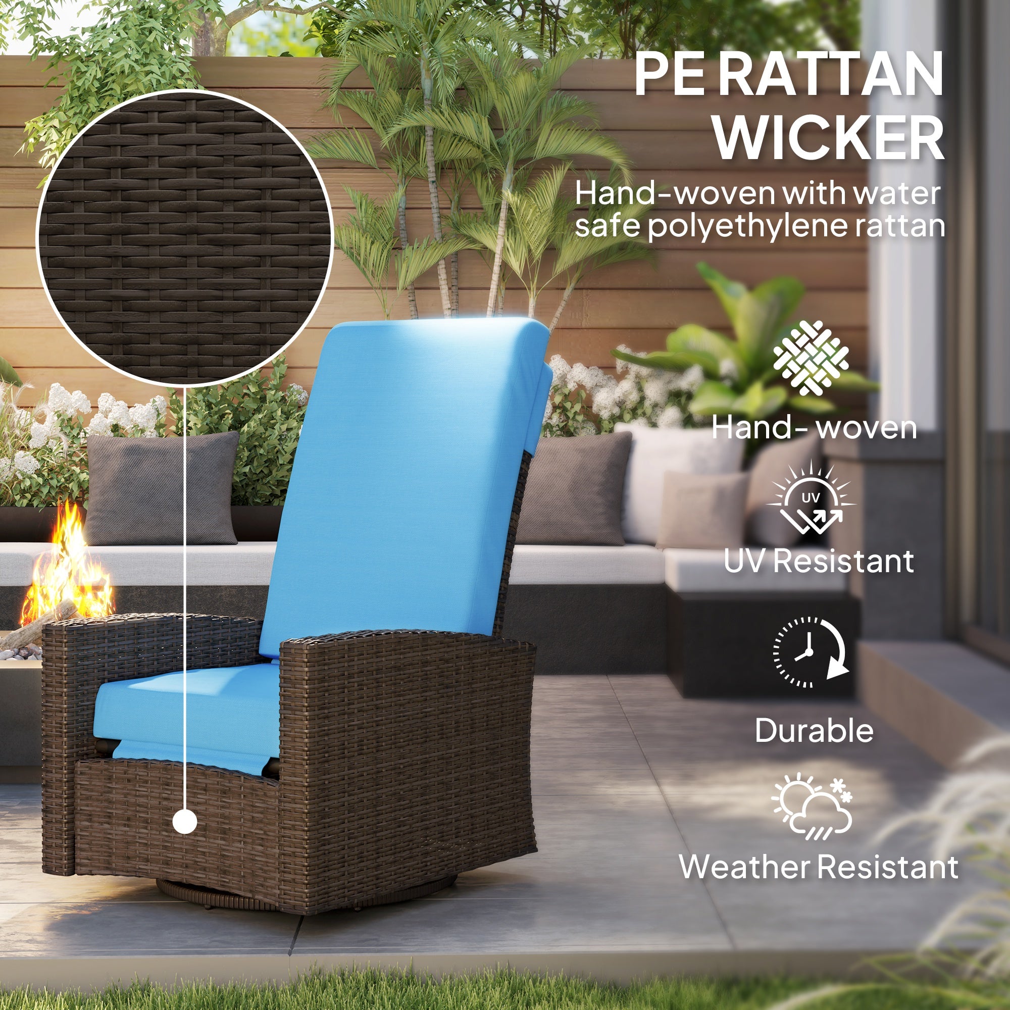 Rattan Lounge Chair Swivel Recliner Sky Blue-DECOROLALA