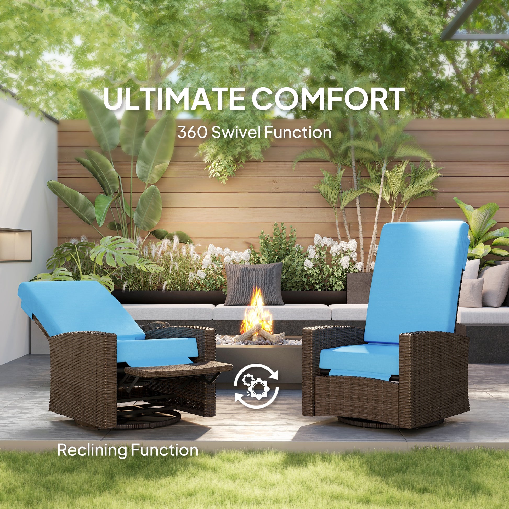 Rattan Lounge Chair Swivel Recliner Sky Blue-DECOROLALA