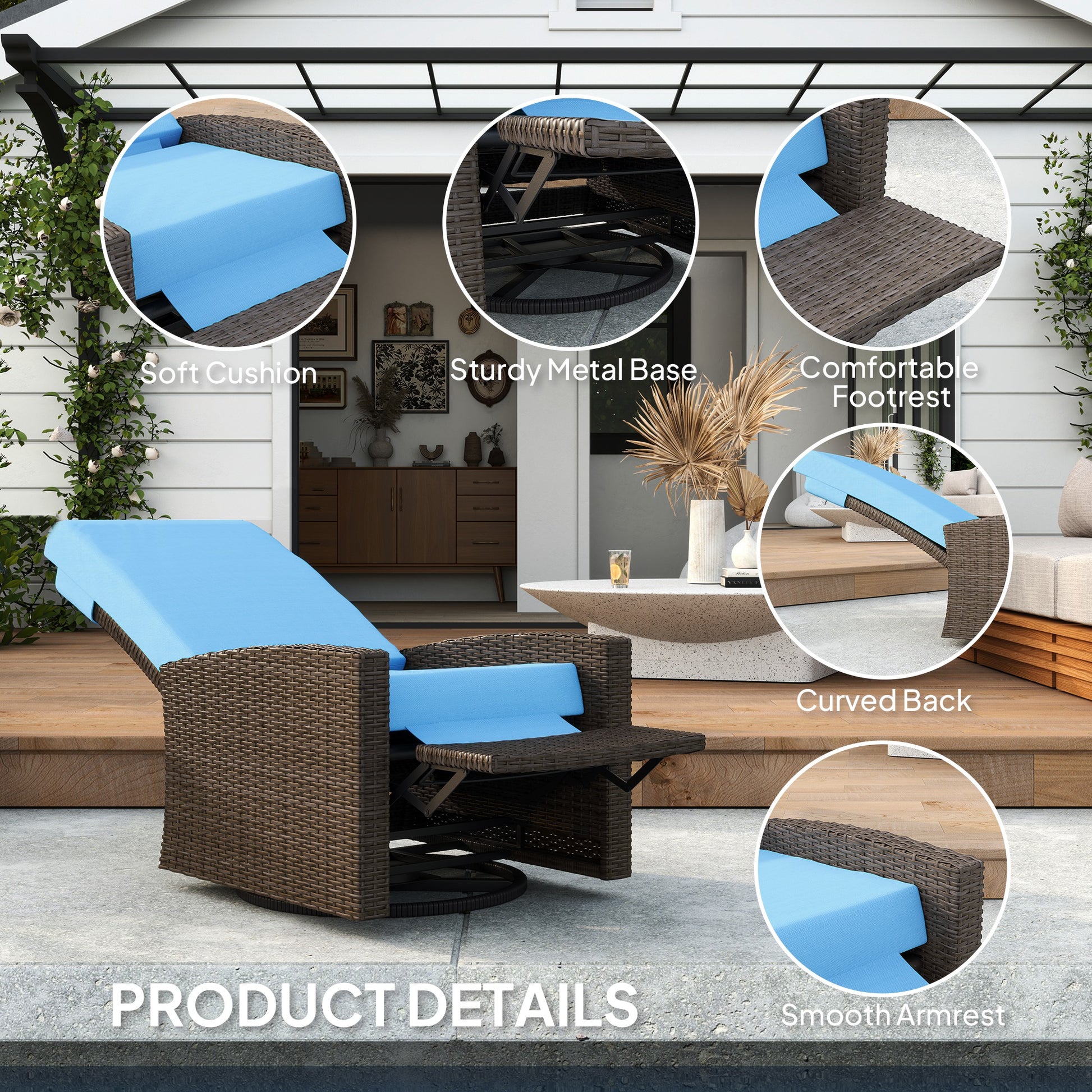 Rattan Lounge Chair Swivel Recliner Sky Blue-DECOROLALA