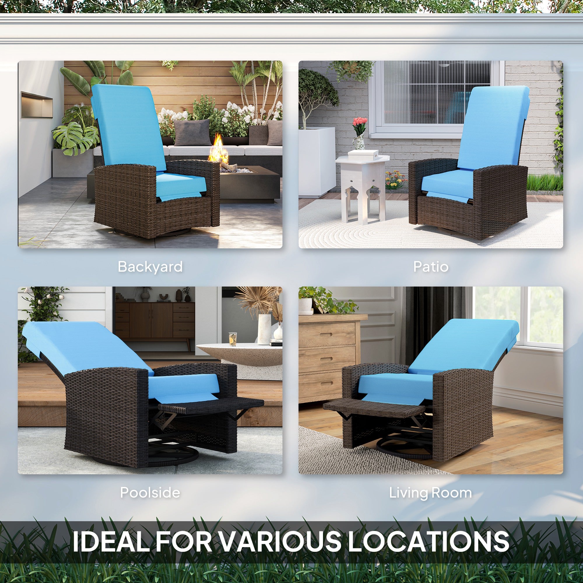 Rattan Lounge Chair Swivel Recliner Sky Blue-DECOROLALA