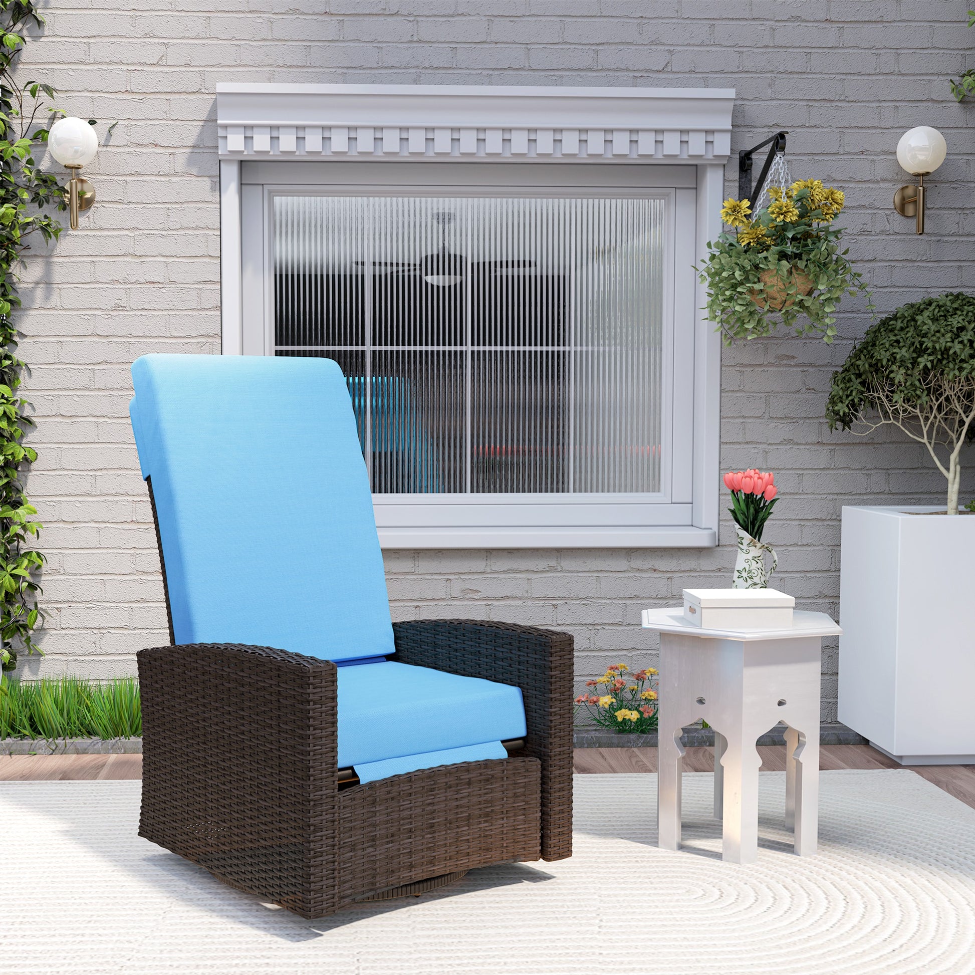 Rattan Lounge Chair Swivel Recliner Sky Blue-DECOROLALA
