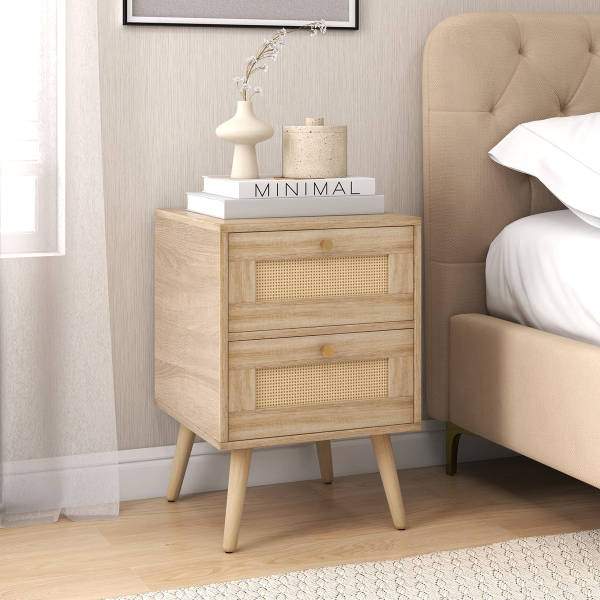 Rattan Nightstand Boho Accent Bedside Table with 2 Storage Drawers-Natural-Nightstands-DECOROLALA