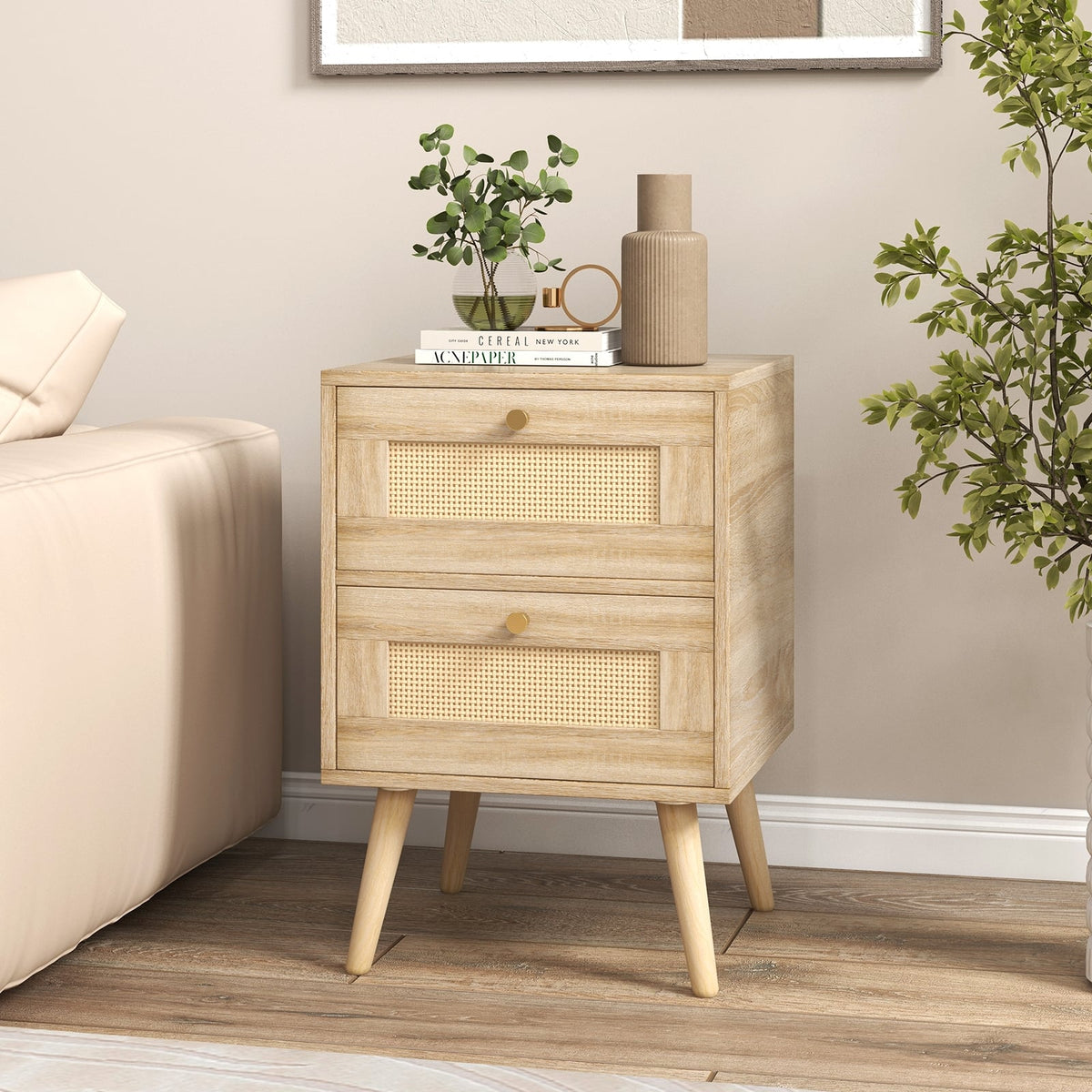 Rattan Nightstand Boho Accent Bedside Table with 2 Storage Drawers-Natural-Nightstands-DECOROLALA