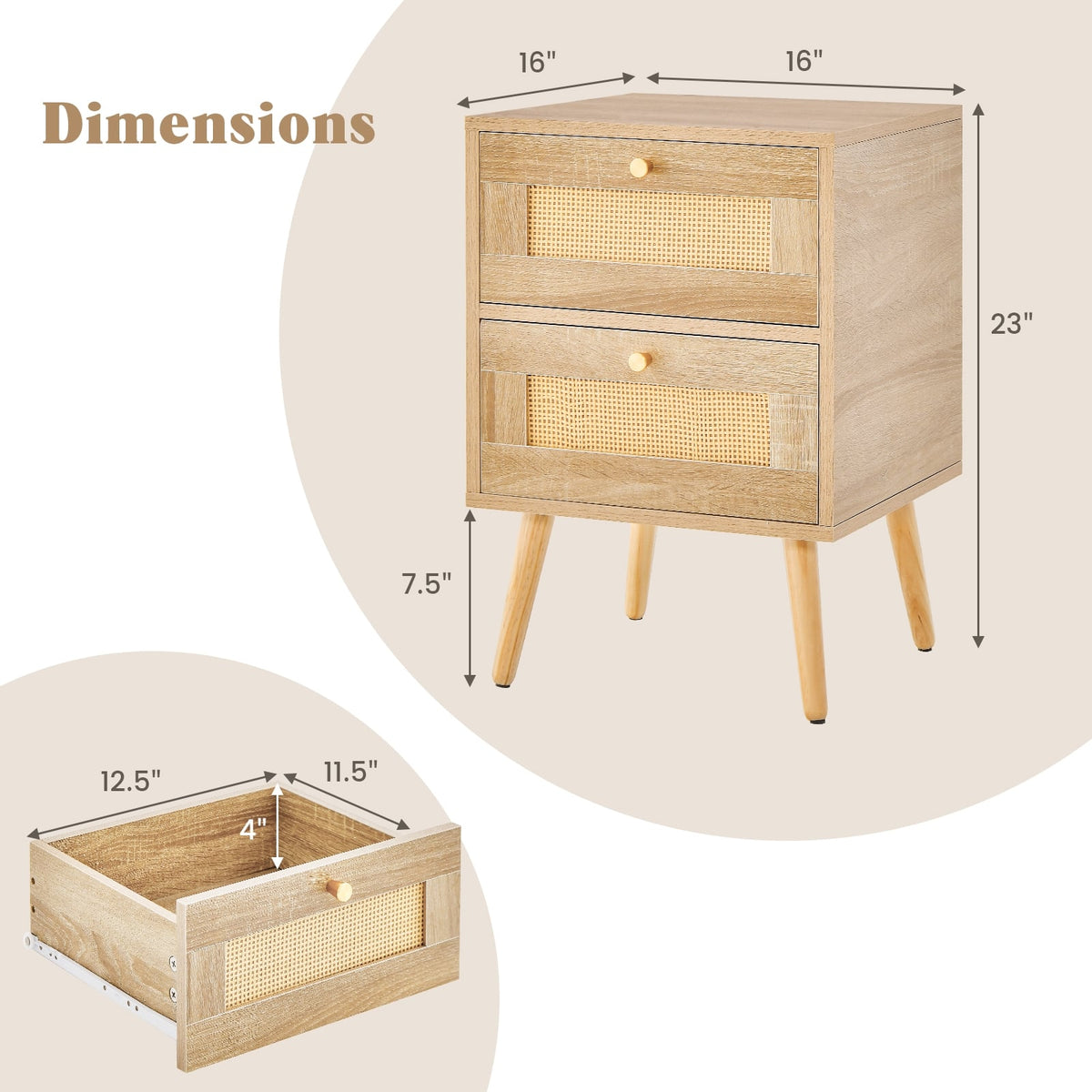 Rattan Nightstand Boho Accent Bedside Table with 2 Storage Drawers-Natural-Nightstands-DECOROLALA
