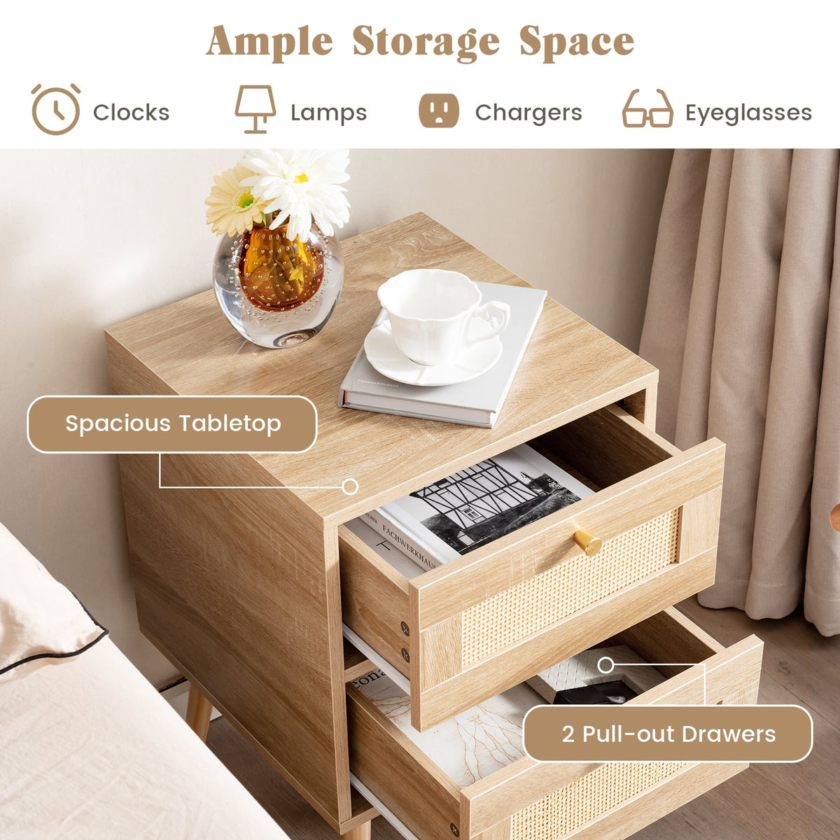 Rattan Nightstand Boho Accent Bedside Table with 2 Storage Drawers-Natural-Nightstands-DECOROLALA