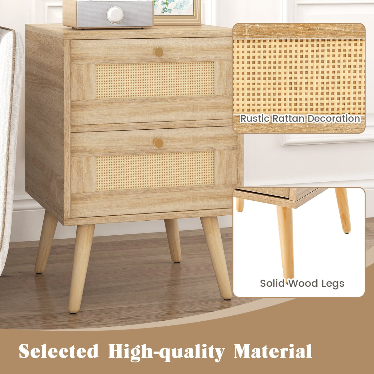 Rattan Nightstand Boho Accent Bedside Table with 2 Storage Drawers-Natural-Nightstands-DECOROLALA