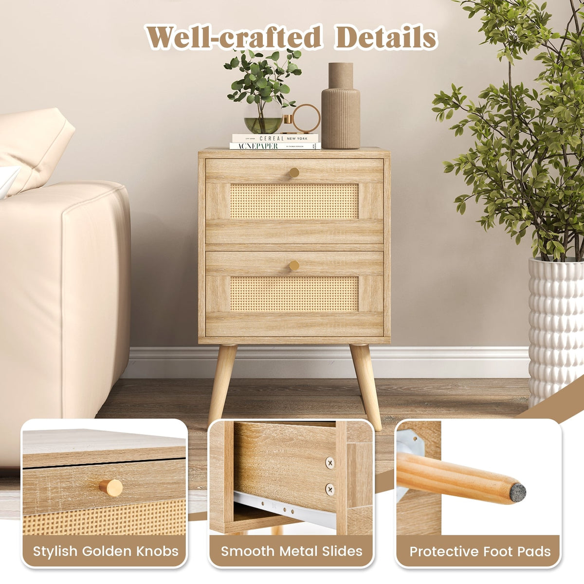 Rattan Nightstand Boho Accent Bedside Table with 2 Storage Drawers-Natural-Nightstands-DECOROLALA