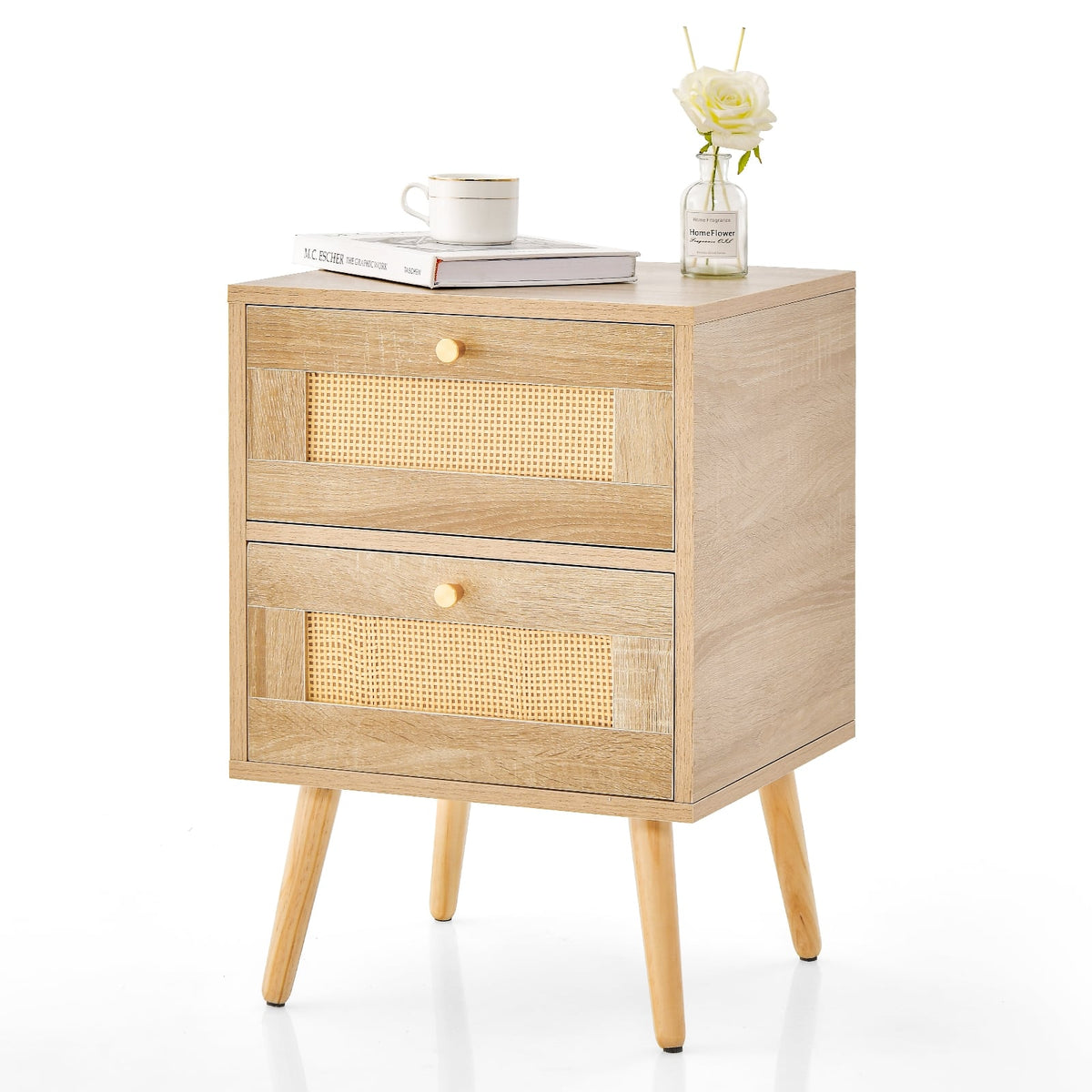 Rattan Nightstand Boho Accent Bedside Table with 2 Storage Drawers-Natural-Nightstands-DECOROLALA