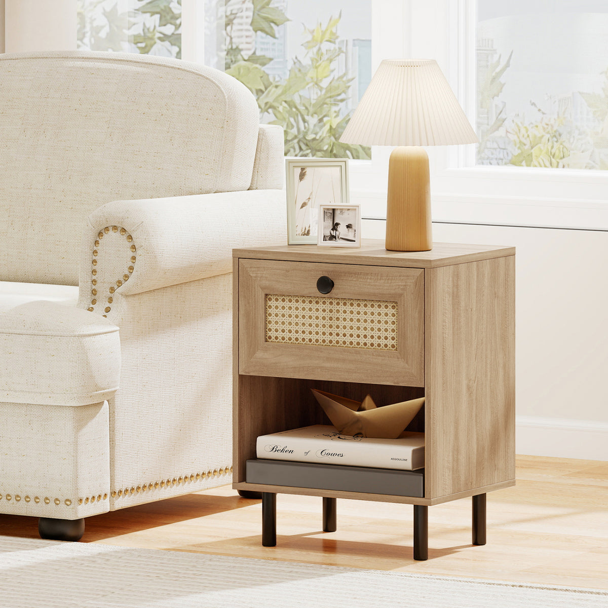 Rattan Nightstand Boho End Table with Rattan Drawer and Open Shelf-Natural-Nightstands-DECOROLALA