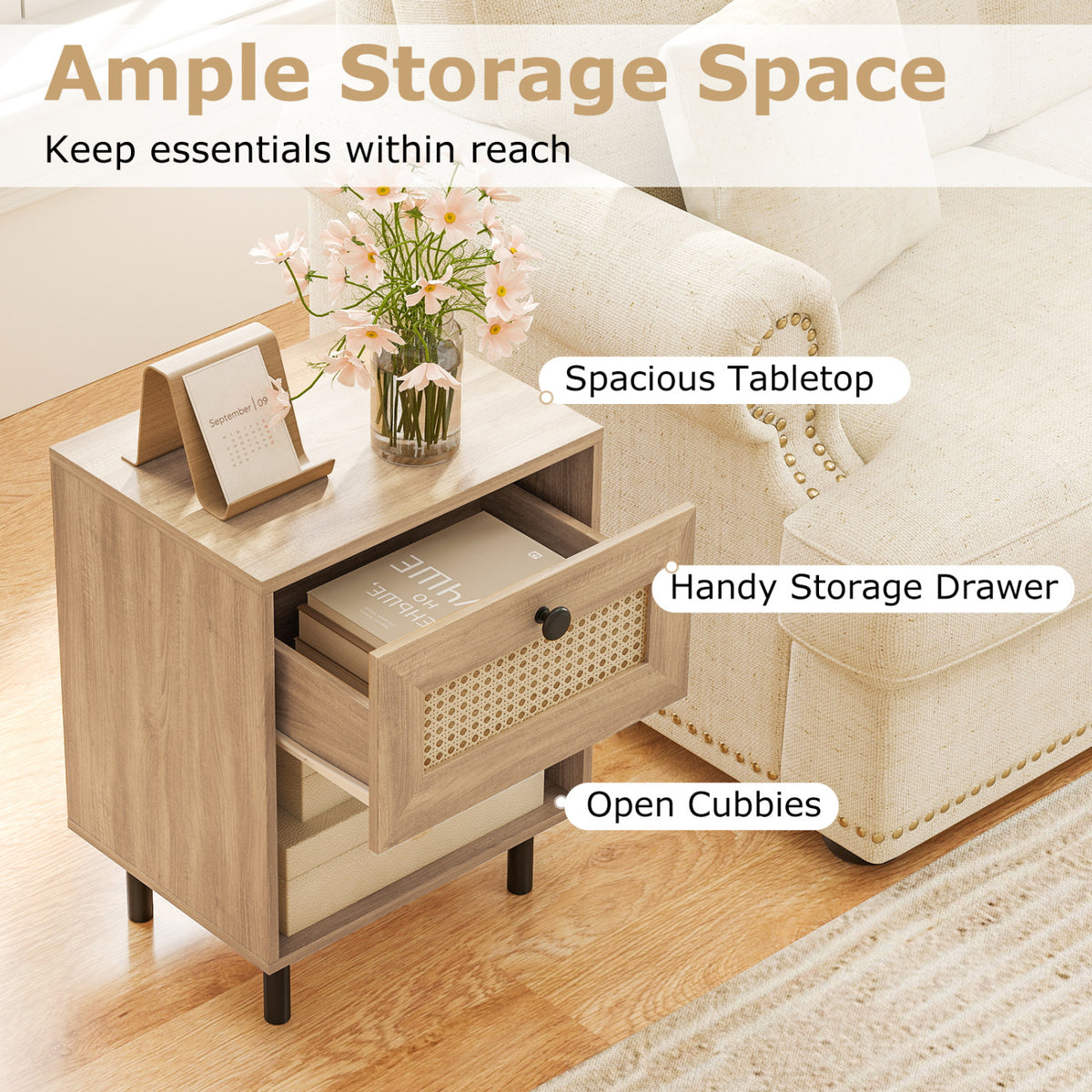 Rattan Nightstand Boho End Table with Rattan Drawer and Open Shelf-Natural-Nightstands-DECOROLALA