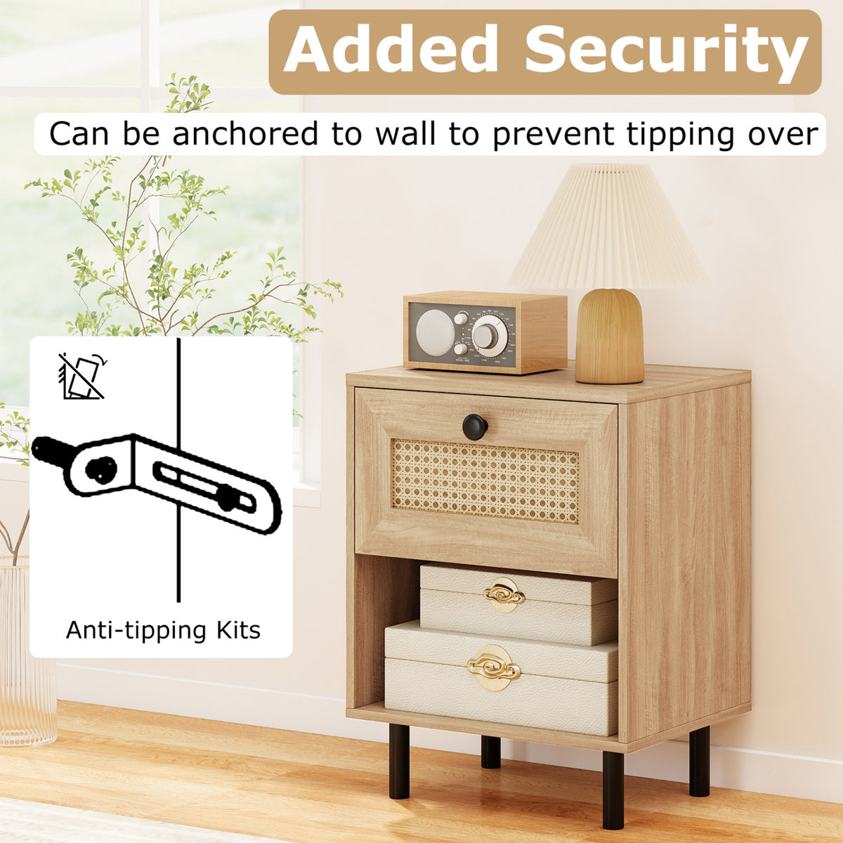 Rattan Nightstand Boho End Table with Rattan Drawer and Open Shelf-Natural-Nightstands-DECOROLALA
