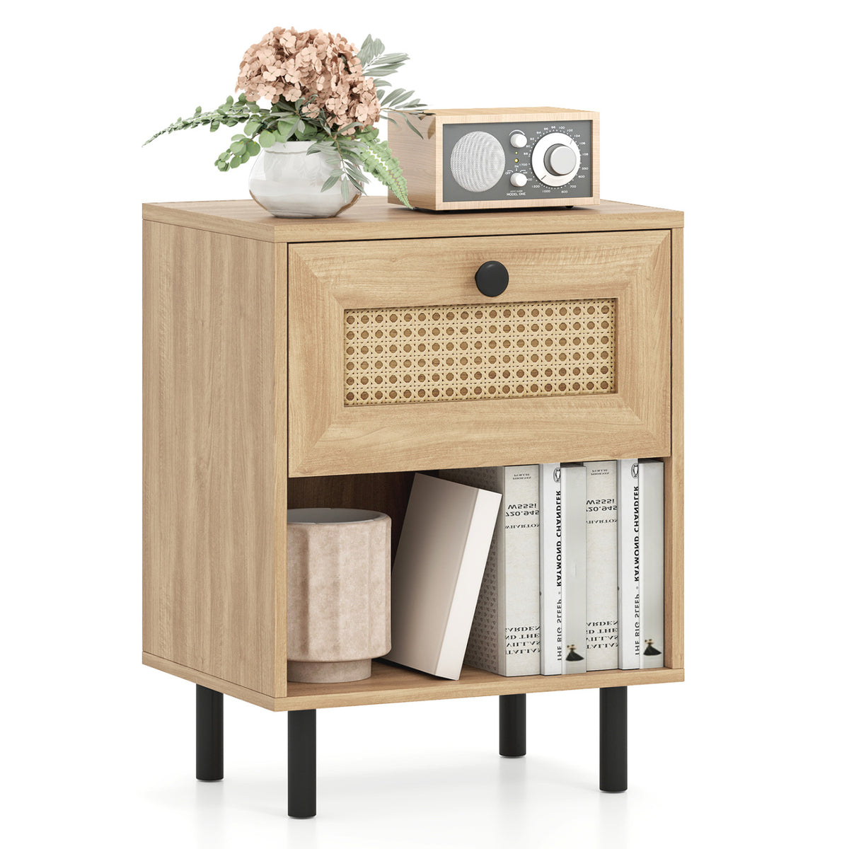 Rattan Nightstand Boho End Table with Rattan Drawer and Open Shelf-Natural-Nightstands-DECOROLALA