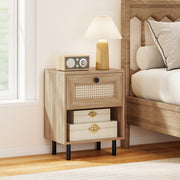 Rattan Nightstand Boho End Table with Rattan Drawer and Open Shelf Set of 2-Natural-Nightstands-DECOROLALA