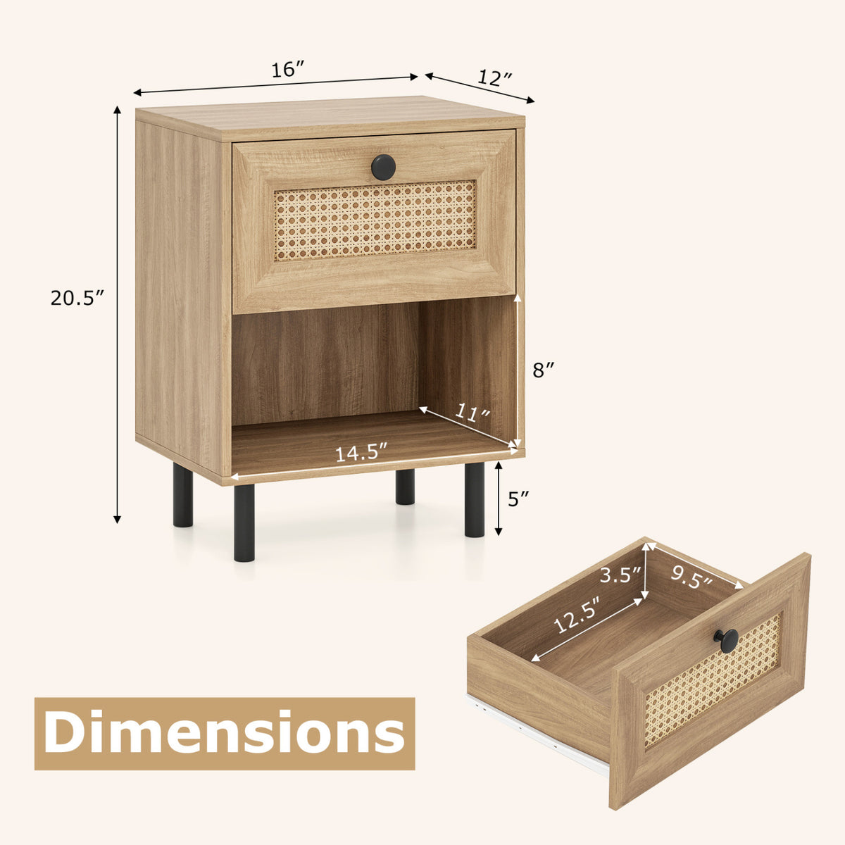 Rattan Nightstand Boho End Table with Rattan Drawer and Open Shelf Set of 2-Natural-Nightstands-DECOROLALA