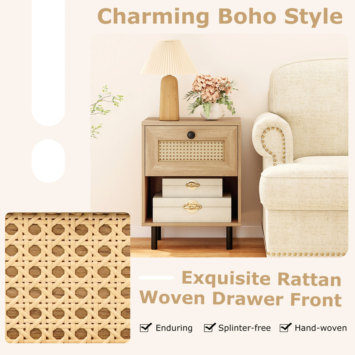 Rattan Nightstand Boho End Table with Rattan Drawer and Open Shelf Set of 2-Natural-Nightstands-DECOROLALA