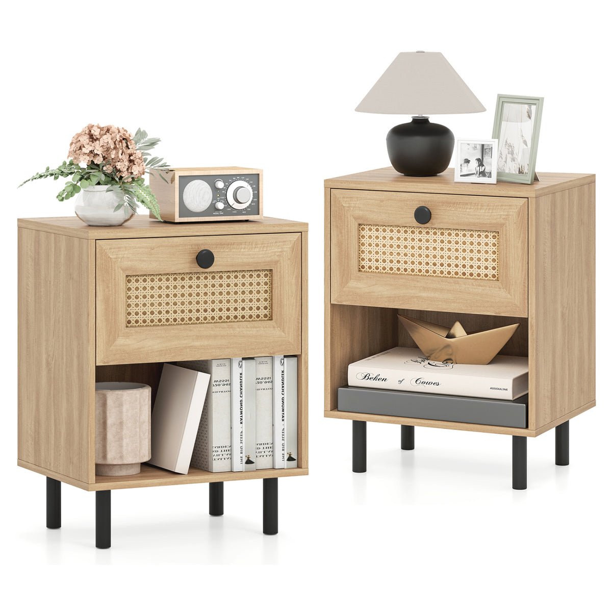 Rattan Nightstand Boho End Table with Rattan Drawer and Open Shelf Set of 2-Natural-Nightstands-DECOROLALA