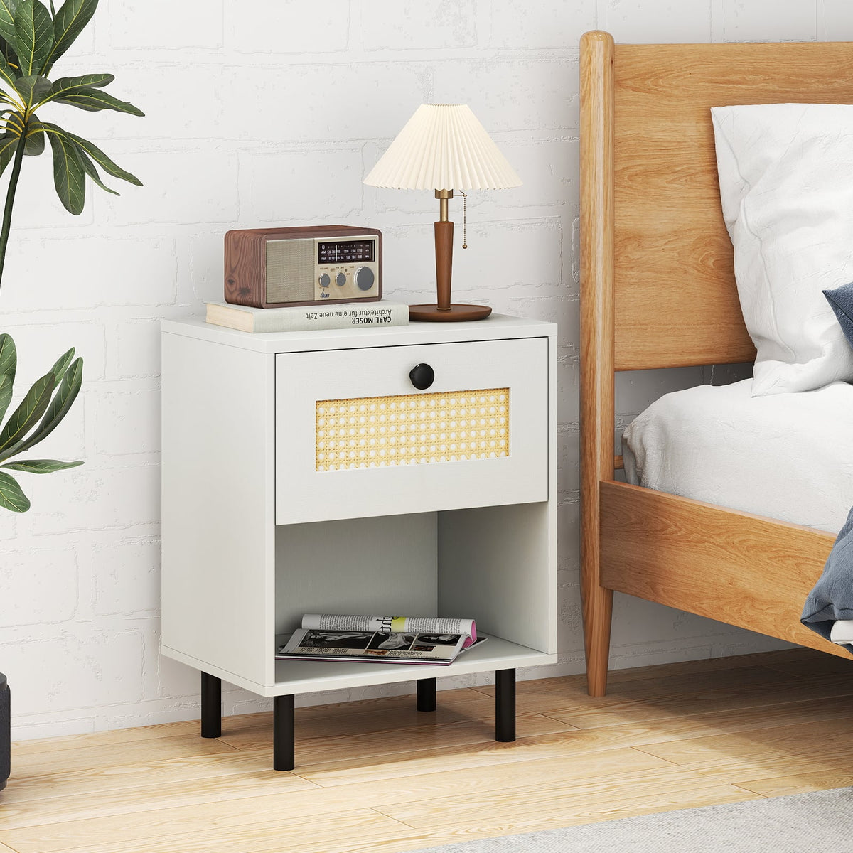 Rattan Nightstand Boho End Table with Rattan Drawer and Open Shelf Set of 2-White-Nightstands-DECOROLALA