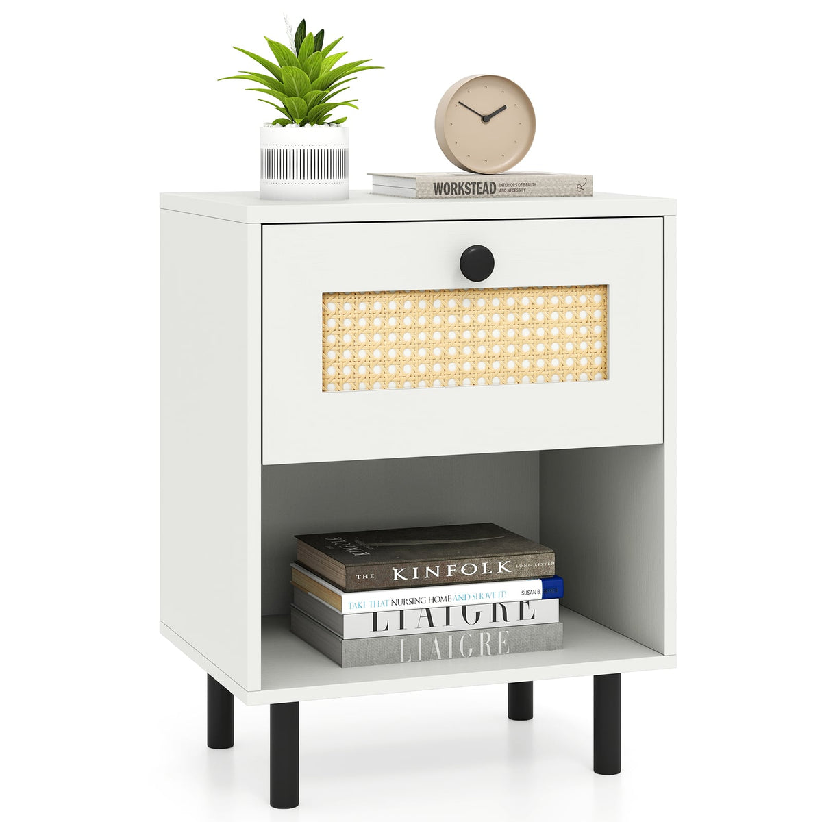 Rattan Nightstand Boho End Table with Rattan Drawer and Open Shelf Set of 2-White-Nightstands-DECOROLALA
