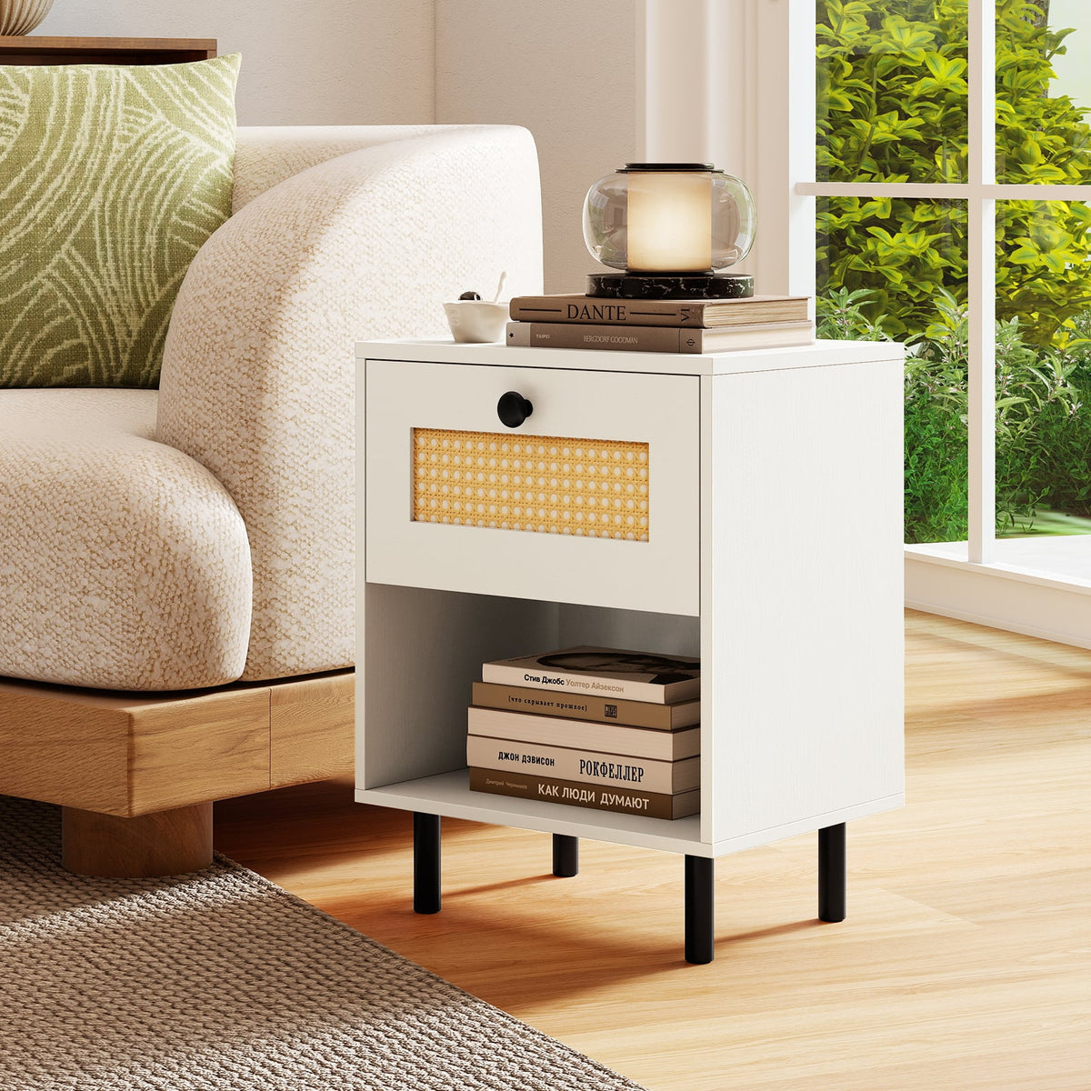 Rattan Nightstand Boho End Table with Rattan Drawer and Open Shelf Set of 2-White-Nightstands-DECOROLALA