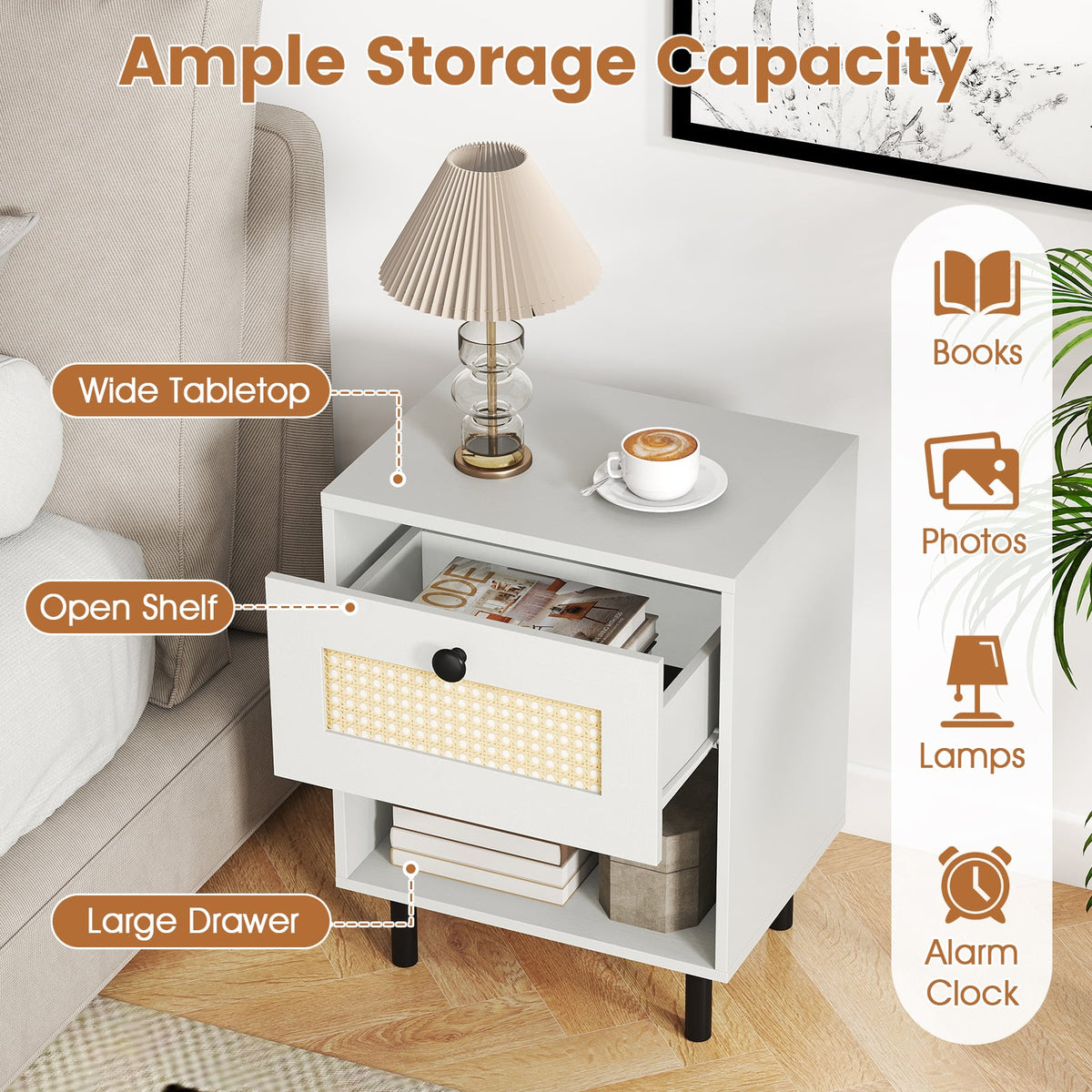 Rattan Nightstand Boho End Table with Rattan Drawer and Open Shelf Set of 2-White-Nightstands-DECOROLALA