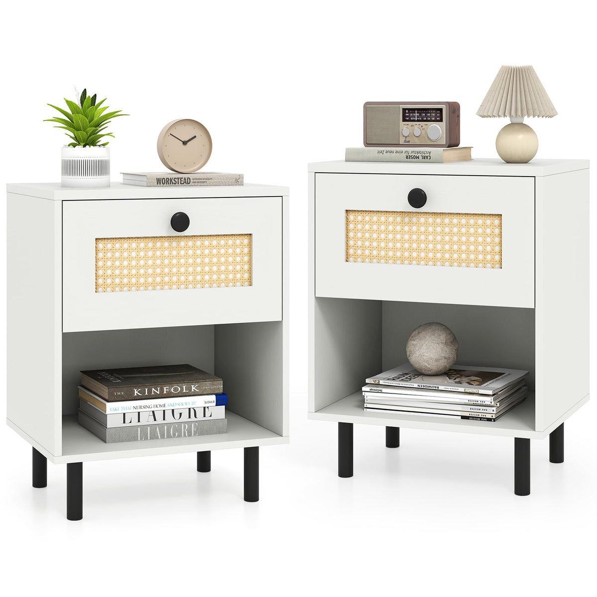 Rattan Nightstand Boho End Table with Rattan Drawer and Open Shelf Set of 2-White-Nightstands-DECOROLALA