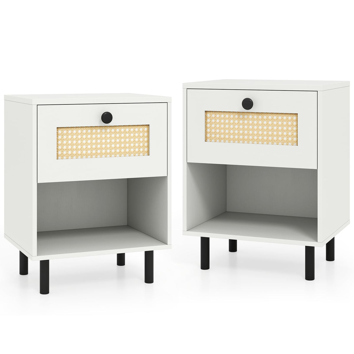 Rattan Nightstand Boho End Table with Rattan Drawer and Open Shelf Set of 2-White-Nightstands-DECOROLALA