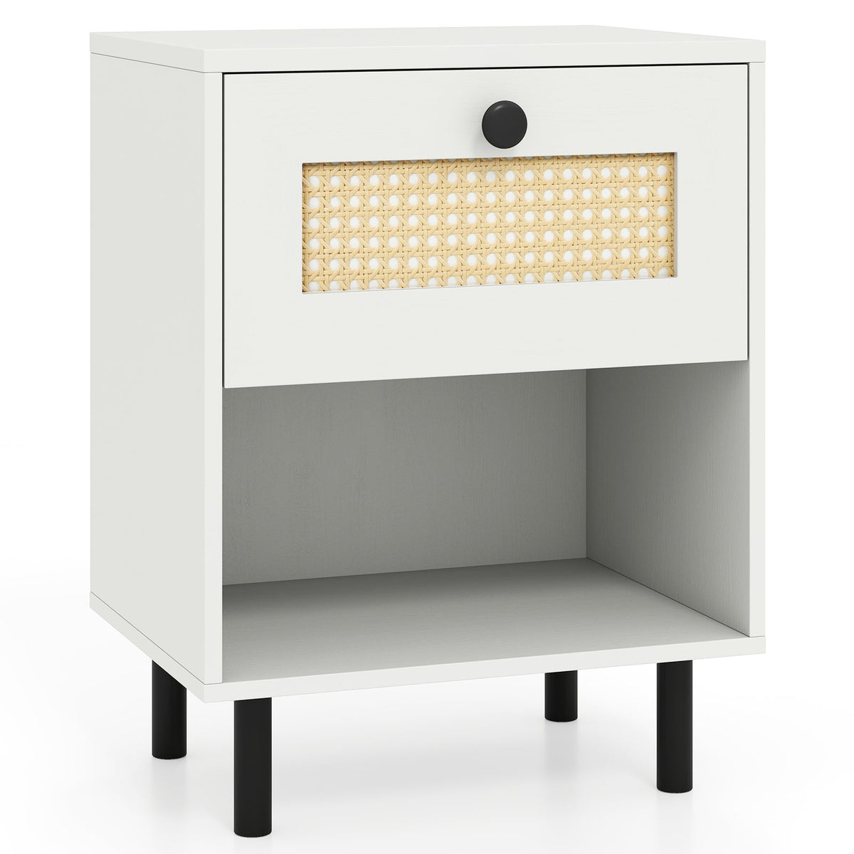 Rattan Nightstand Boho End Table with Rattan Drawer and Open Shelf-White-Nightstands-DECOROLALA