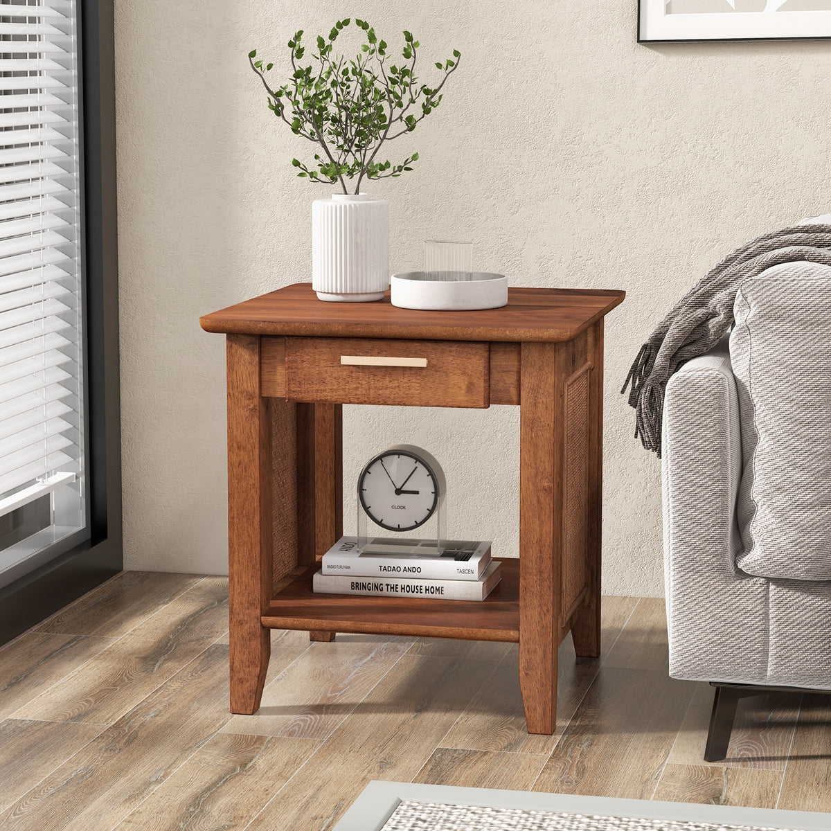 Rattan Nightstand End Table with Drawer and Storage Shelf-Walnut-Nightstands-DECOROLALA