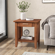 Rattan Nightstand End Table with Drawer and Storage Shelf-Walnut-Nightstands-DECOROLALA