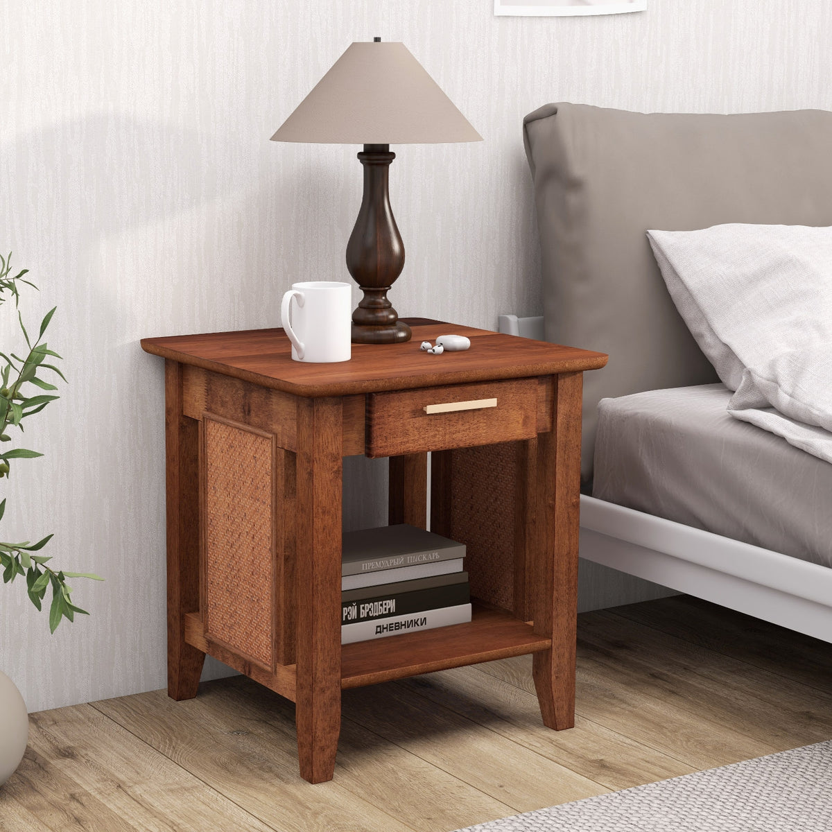 Rattan Nightstand End Table with Drawer and Storage Shelf-Walnut-Nightstands-DECOROLALA