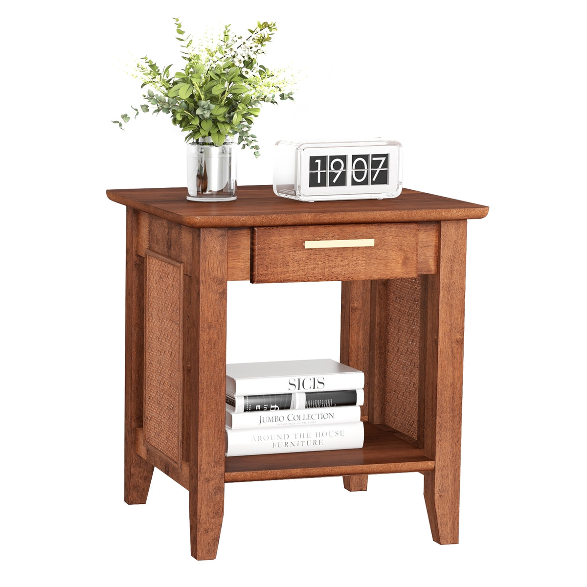 Rattan Nightstand End Table with Drawer and Storage Shelf-Walnut-Nightstands-DECOROLALA