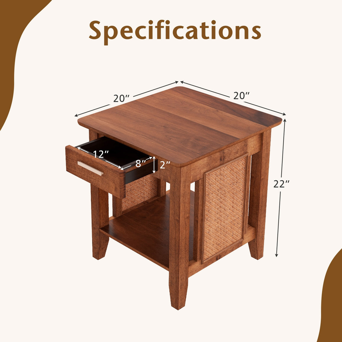 Rattan Nightstand End Table with Drawer and Storage Shelf-Walnut-Nightstands-DECOROLALA