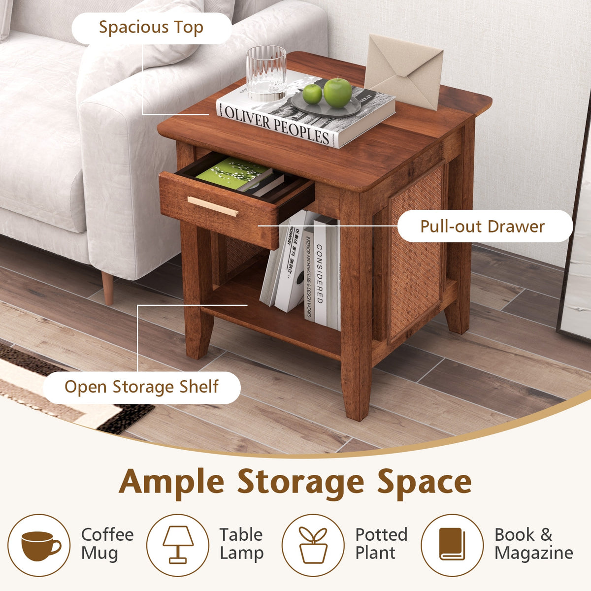 Rattan Nightstand End Table with Drawer and Storage Shelf-Walnut-Nightstands-DECOROLALA