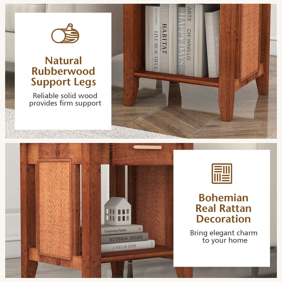 Rattan Nightstand End Table with Drawer and Storage Shelf-Walnut-Nightstands-DECOROLALA