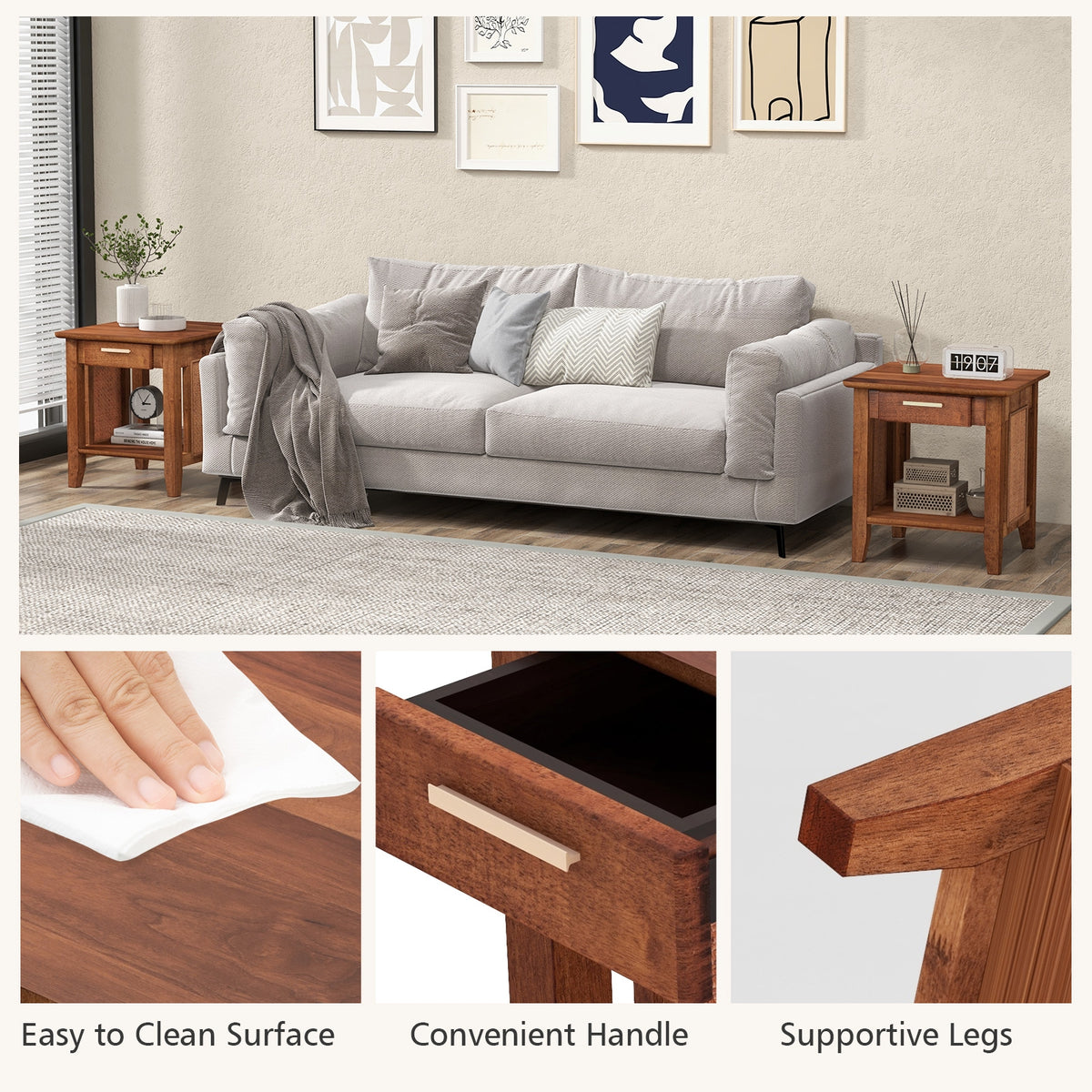 Rattan Nightstand End Table with Drawer and Storage Shelf-Walnut-Nightstands-DECOROLALA