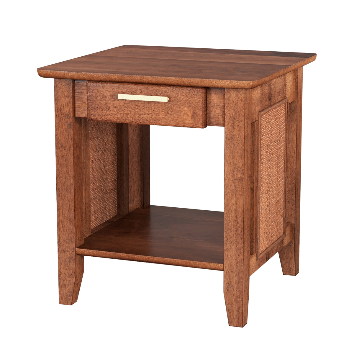 Rattan Nightstand End Table with Drawer and Storage Shelf-Walnut-Nightstands-DECOROLALA