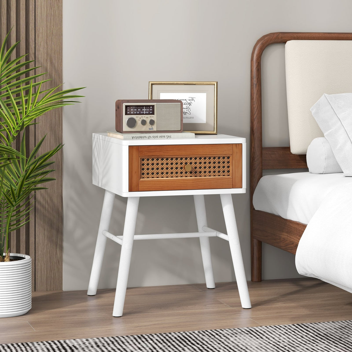 Rattan Nightstand Mid Century Modern Accent Table with Drawer-White-Nightstands-DECOROLALA