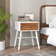 Rattan Nightstand Mid Century Modern Accent Table with Drawer-White-Nightstands-DECOROLALA