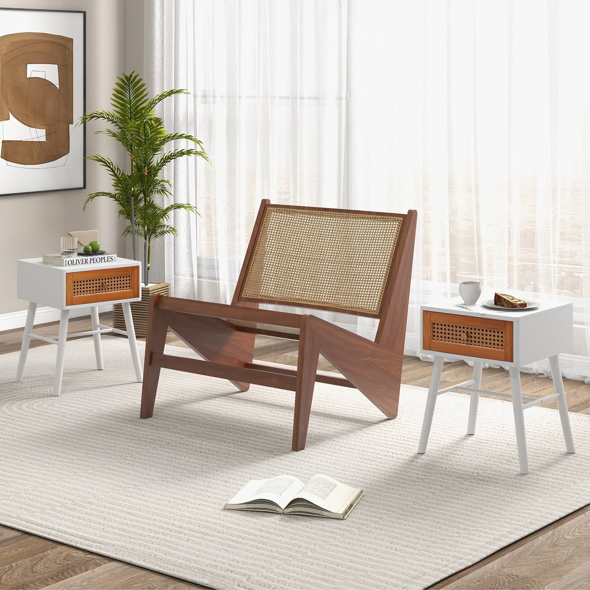 Rattan Nightstand Mid Century Modern Accent Table with Drawer-White-Nightstands-DECOROLALA
