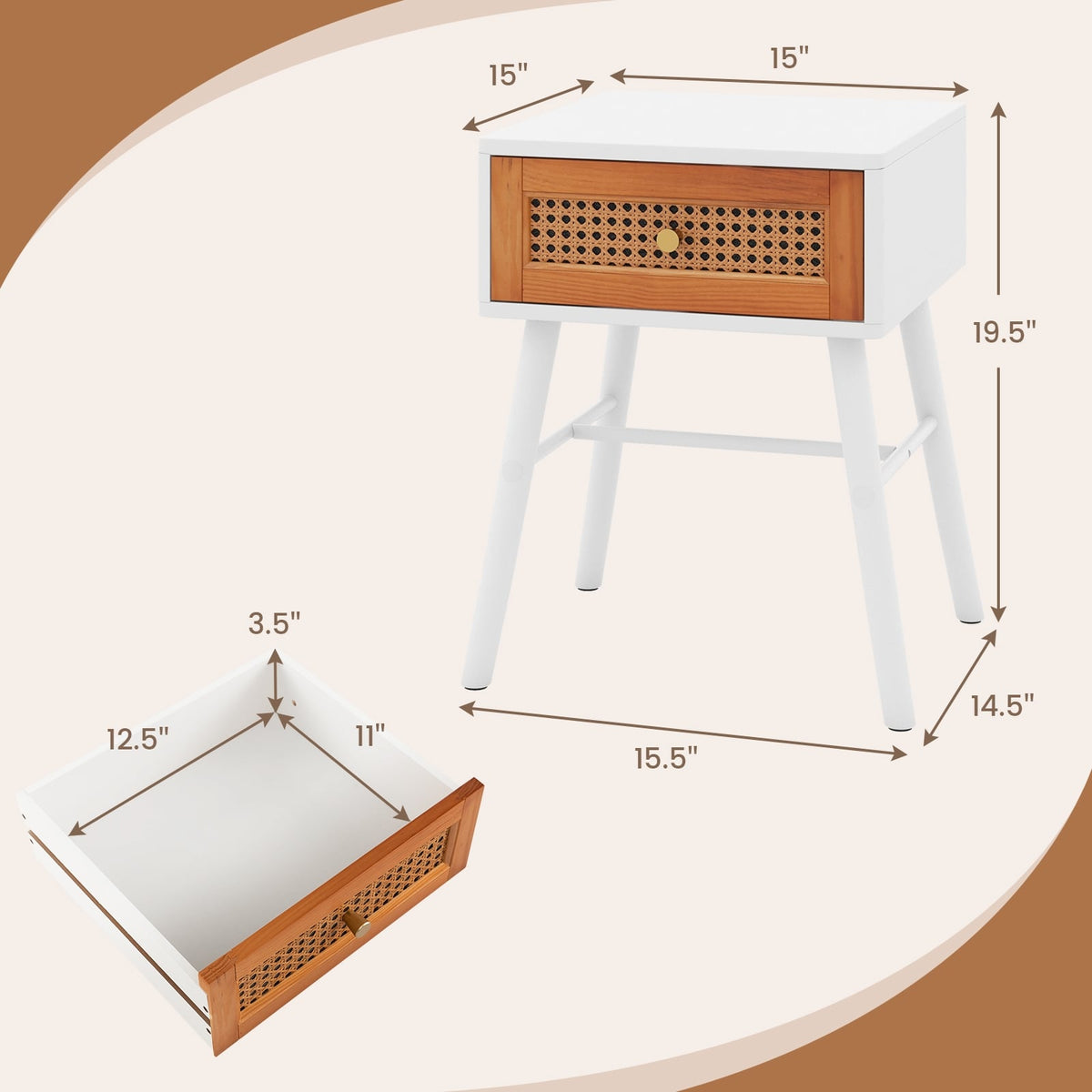 Rattan Nightstand Mid Century Modern Accent Table with Drawer-White-Nightstands-DECOROLALA