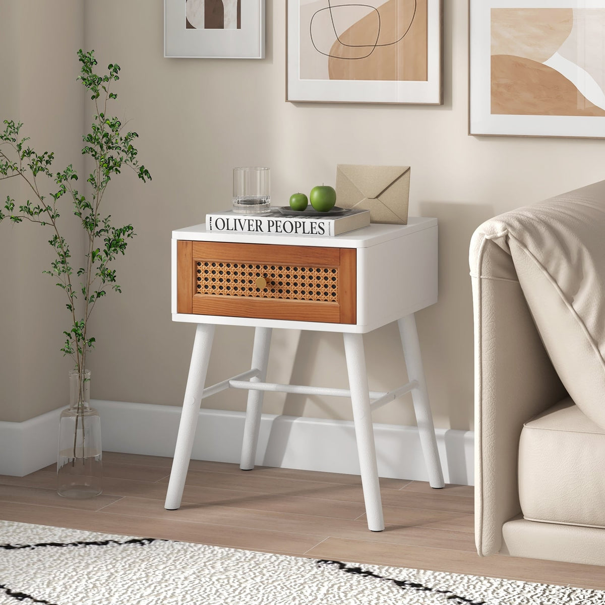 Rattan Nightstand Mid Century Modern Accent Table with Drawer-White-Nightstands-DECOROLALA
