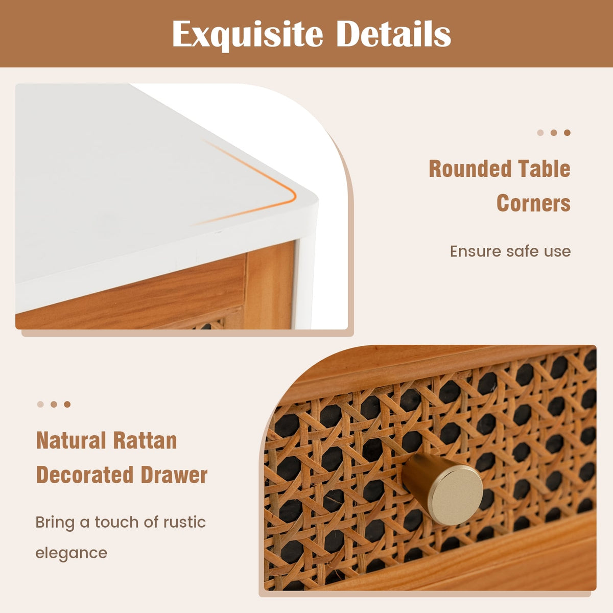 Rattan Nightstand Mid Century Modern Accent Table with Drawer-White-Nightstands-DECOROLALA