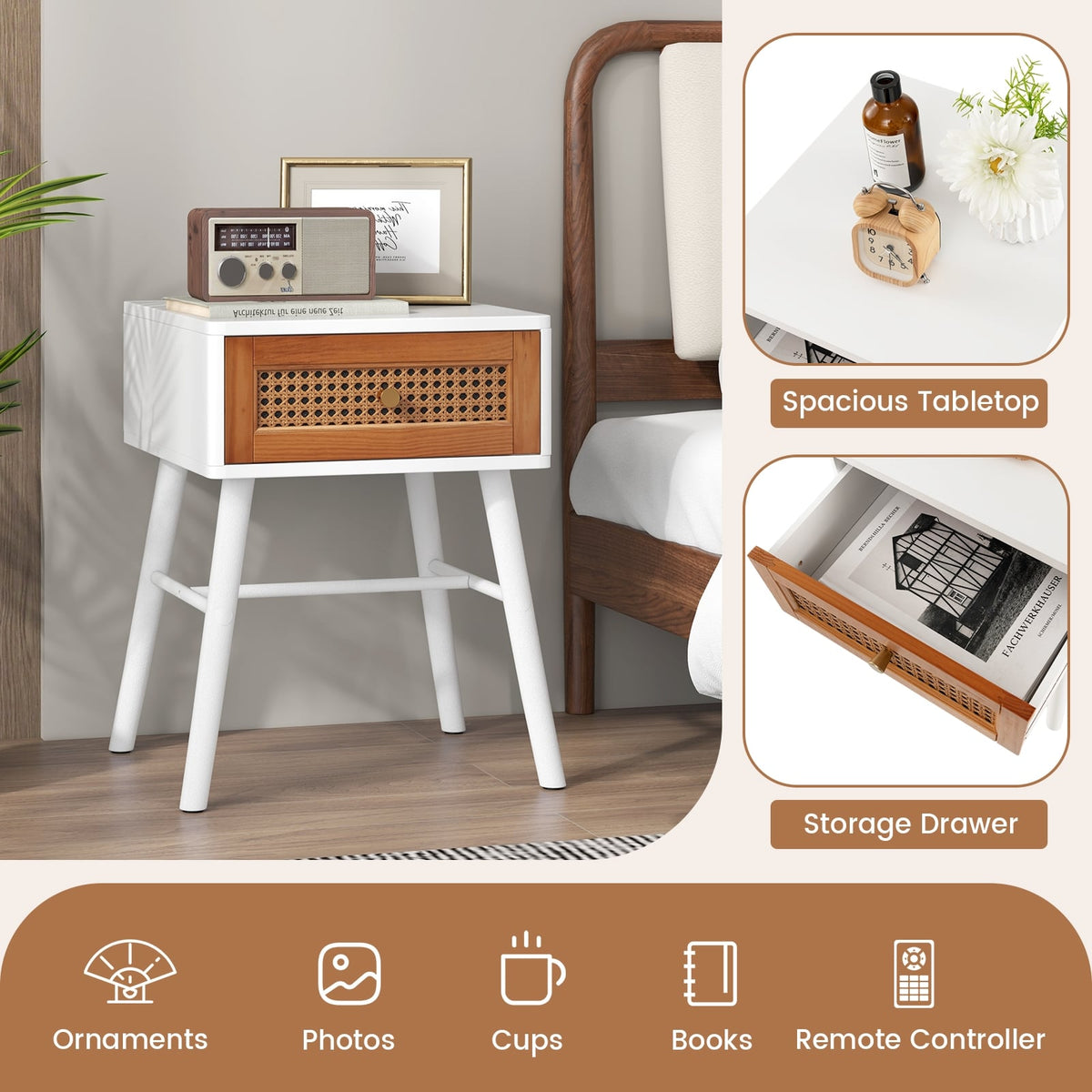Rattan Nightstand Mid Century Modern Accent Table with Drawer-White-Nightstands-DECOROLALA