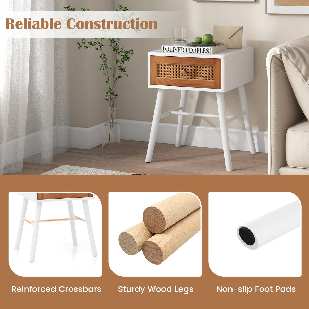 Rattan Nightstand Mid Century Modern Accent Table with Drawer-White-Nightstands-DECOROLALA